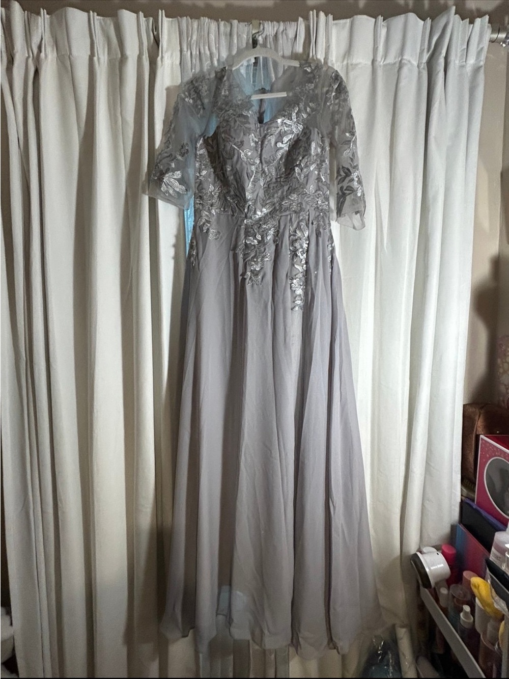 Elegant Silver-Gray Embroidered Evening Gown